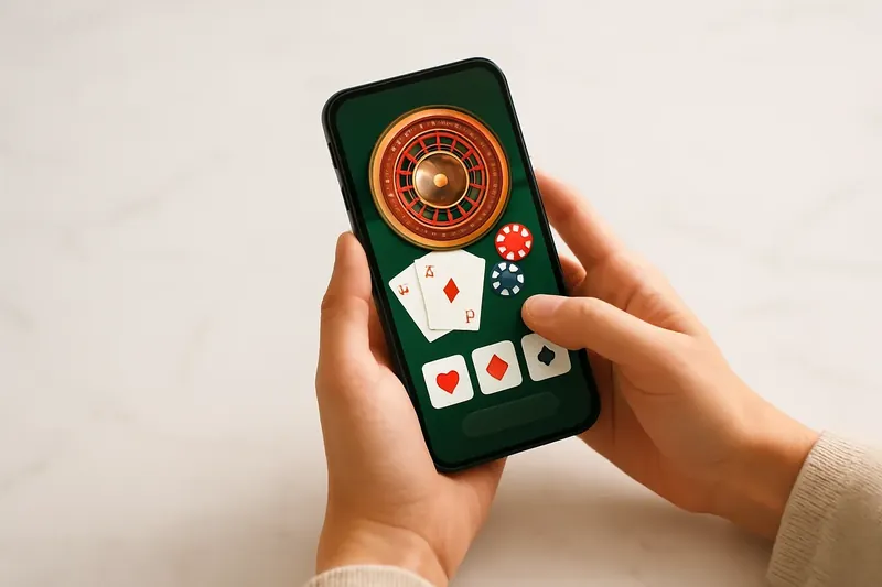 Close-up hands holding smartphone with casino app on marble surface