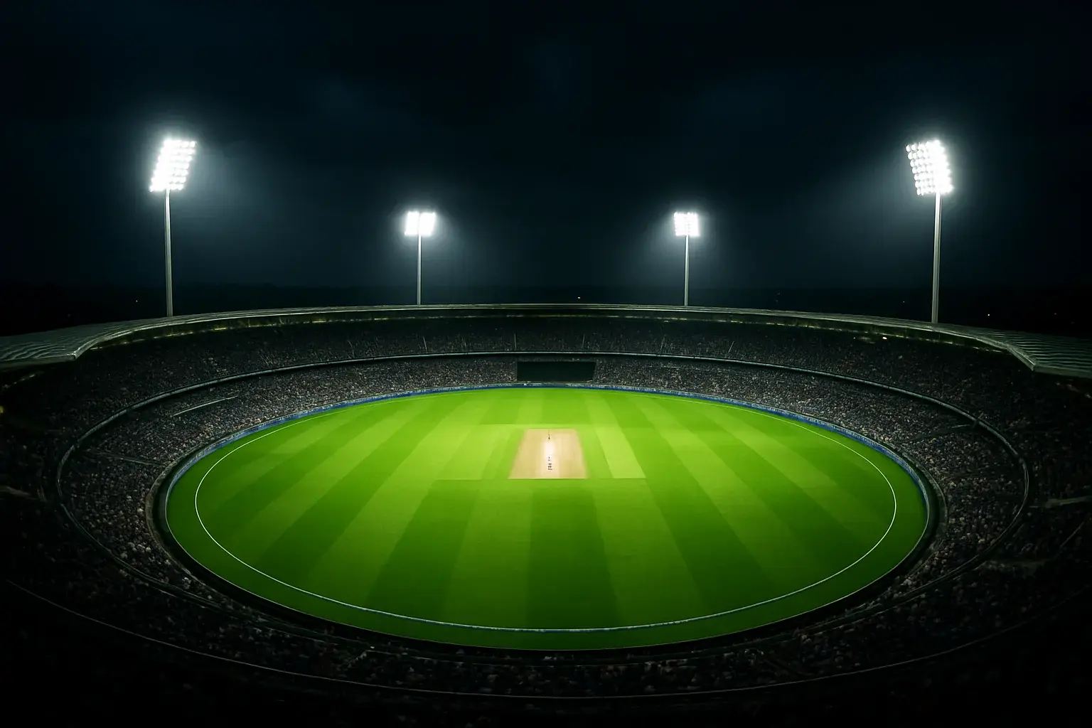 Aerial night view of cricket stadium with floodlights and vibrant green pitch