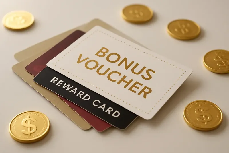 Stack of casino bonus vouchers and reward cards with gold coins