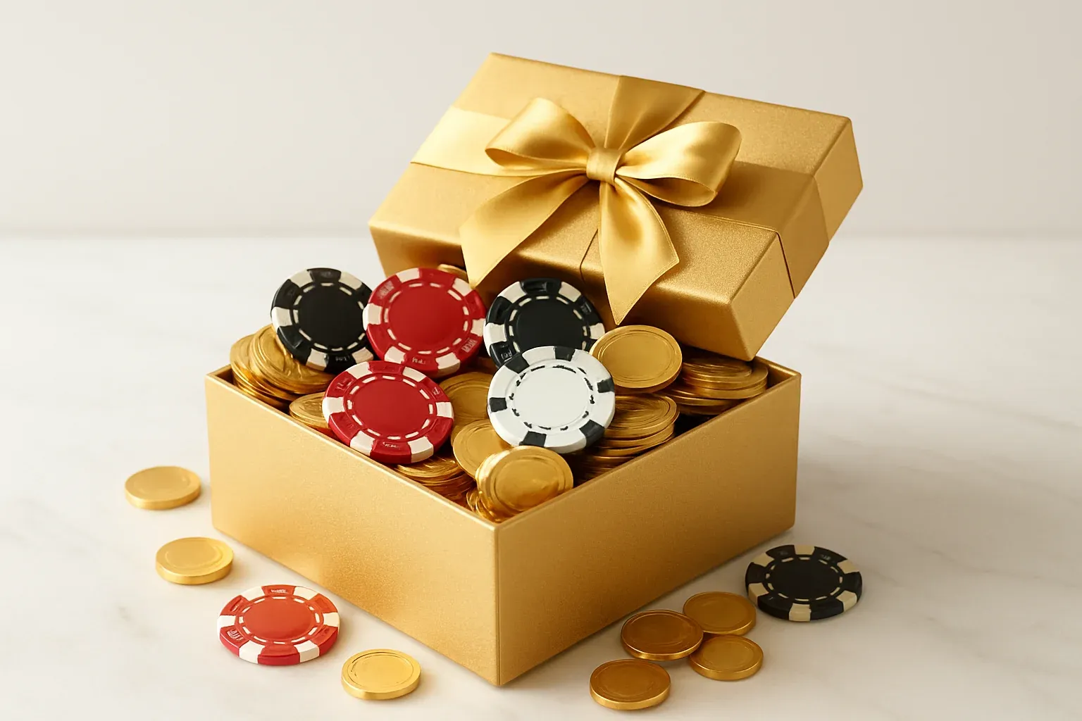 Golden gift box overflowing with poker chips and gold coins