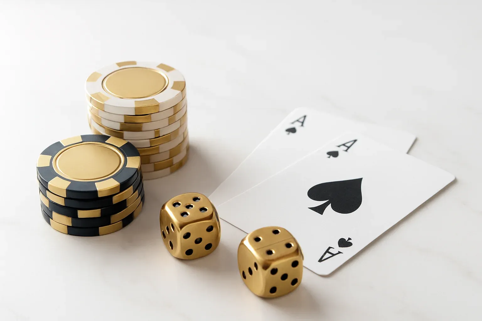 Elegant casino chips, cards, and dice on white marble with gold accents