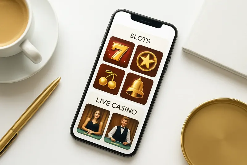 Mobile phone displaying casino app with slots and live games
