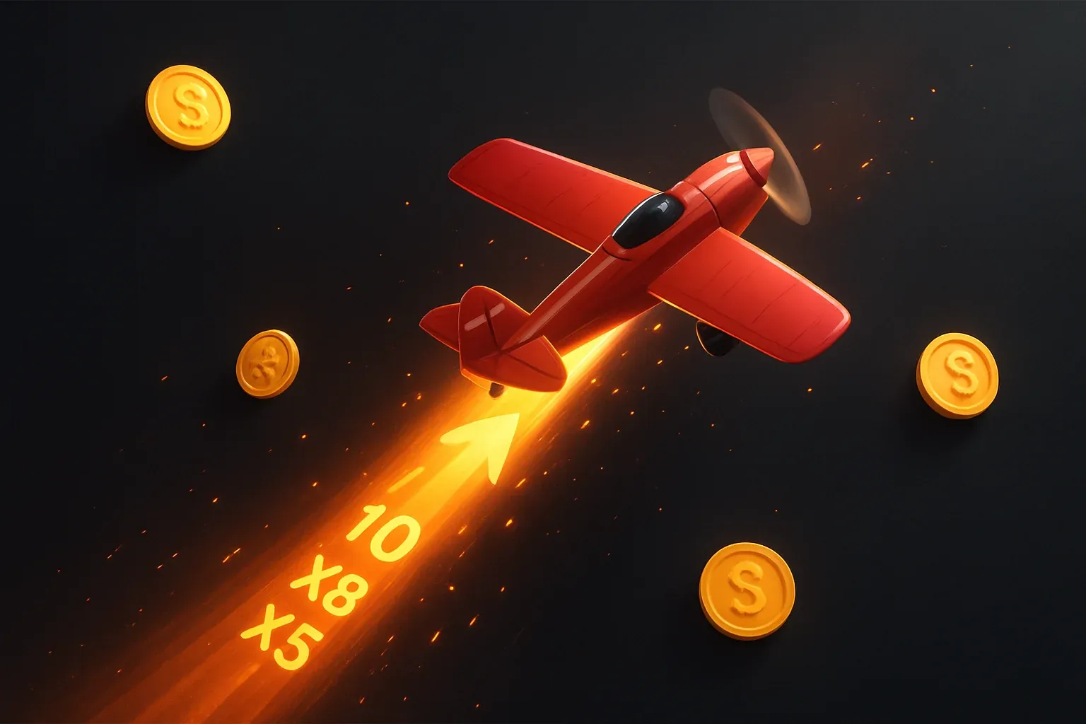 Red airplane climbing with glowing multiplier trail, coins, sparks, neon accents