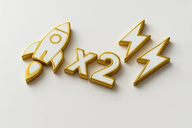 Gold and white instant game icons with rocket, multiplier, lightning bolts