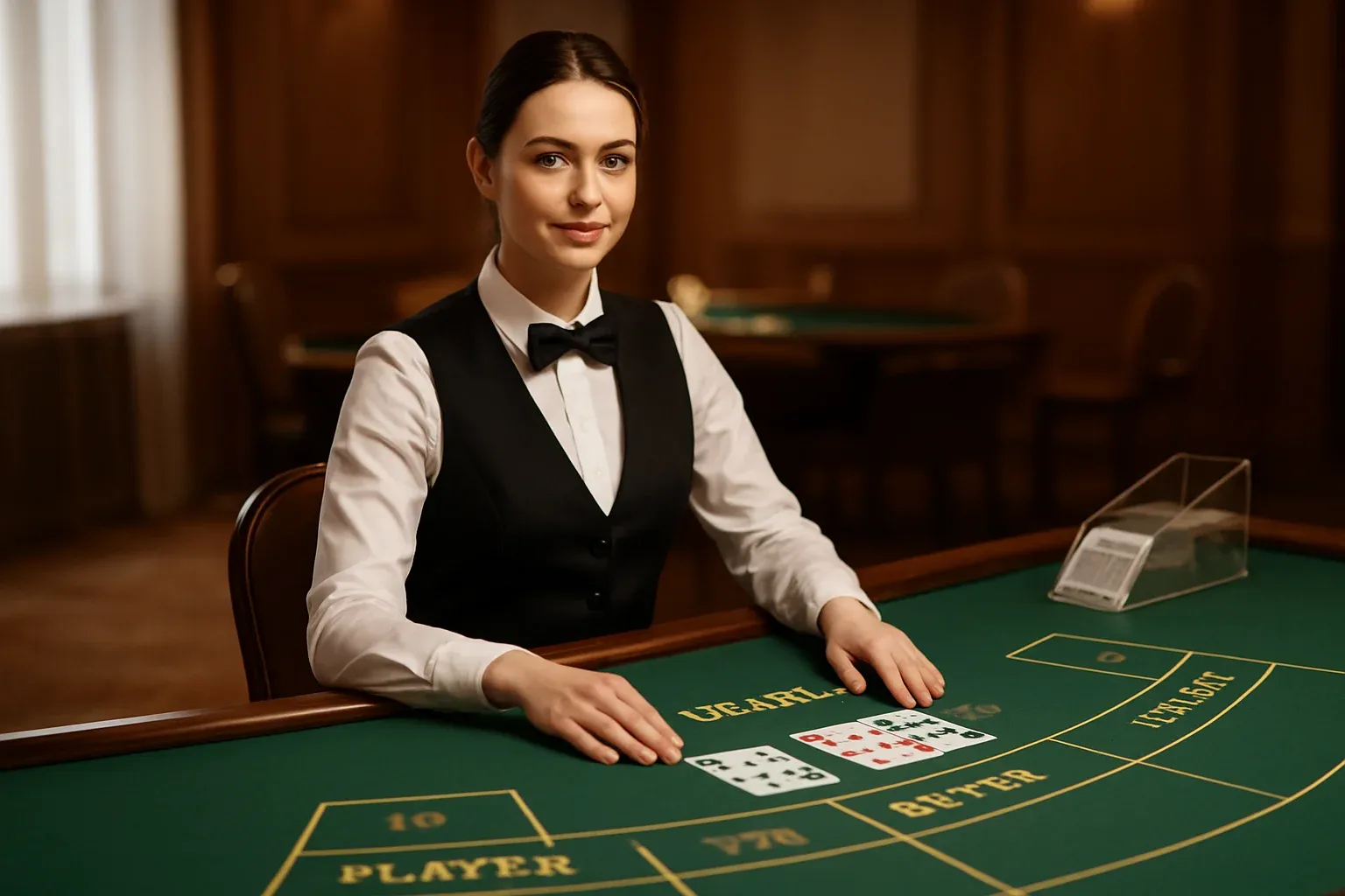 Elegant live dealer baccarat table with professional female dealer and green felt