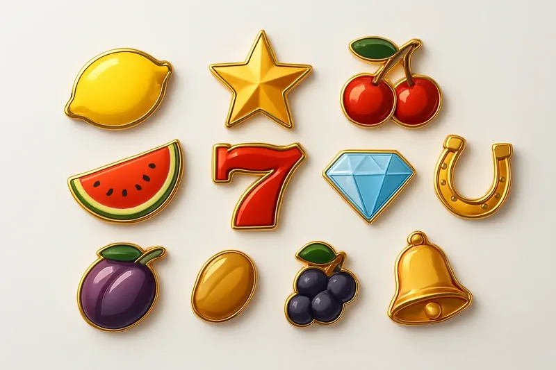 Assorted casino slot icons with fruit, diamonds, lucky sevens, and stars